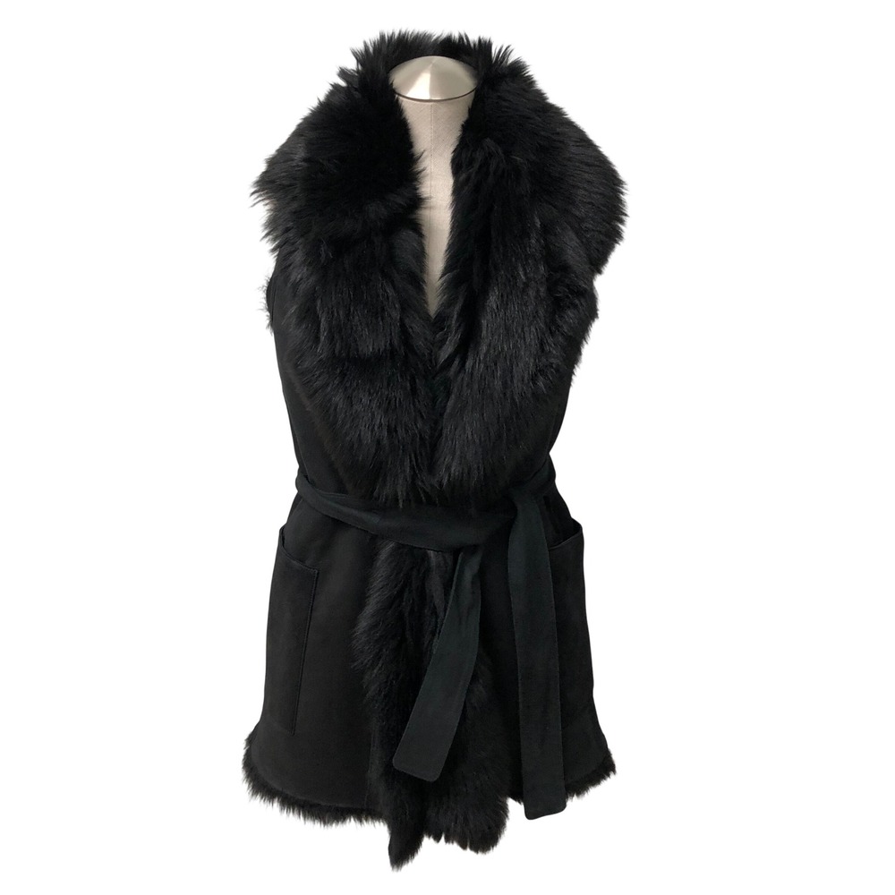 Vince Shearling Vest Womens XS Black Toscana Lamb Leather Belted Dark Romance